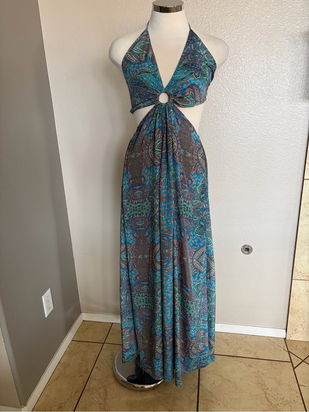 Teal Paisley Halter Maxi Dress with Ring Detail